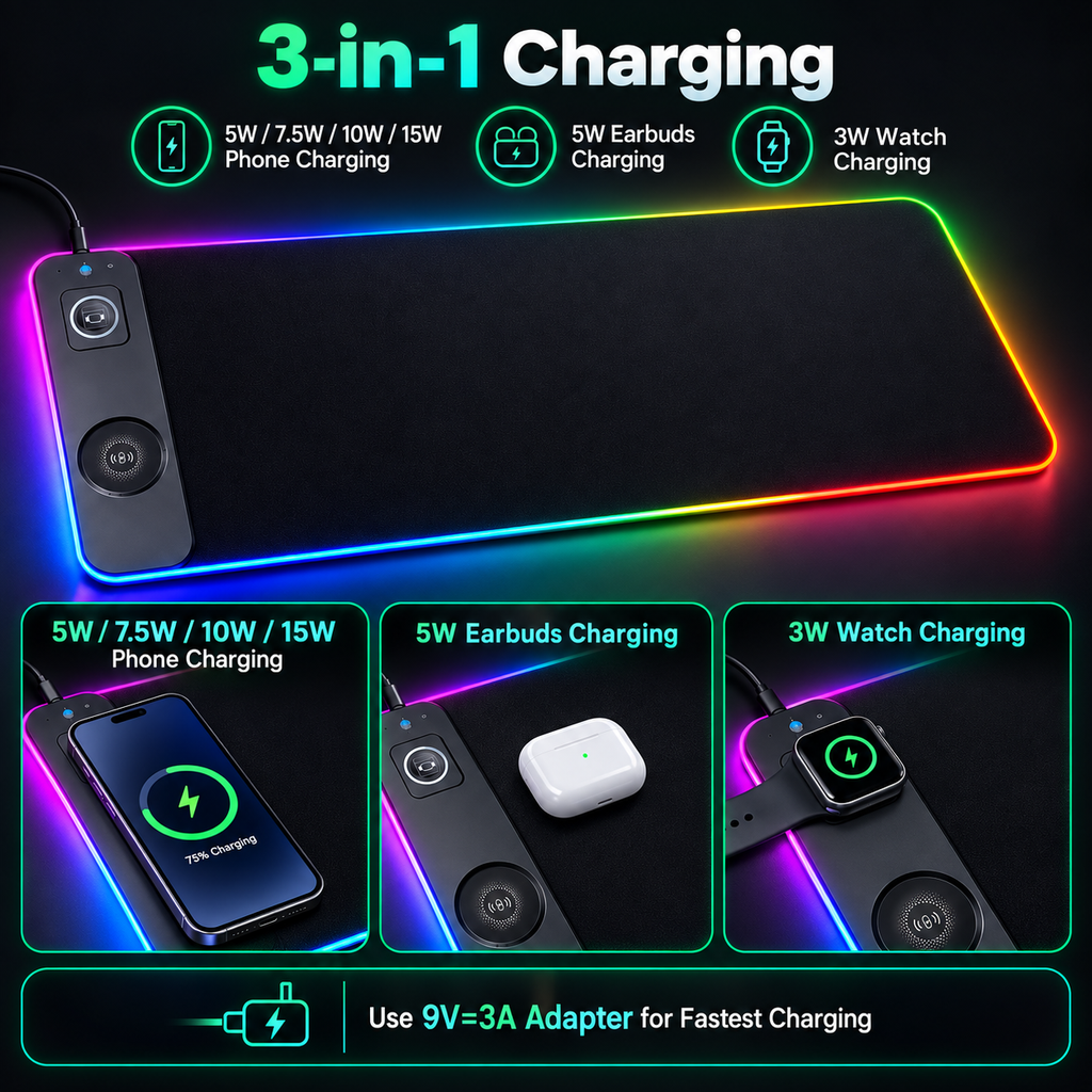 3-in-1 RGB Wireless Charging Desk Mat