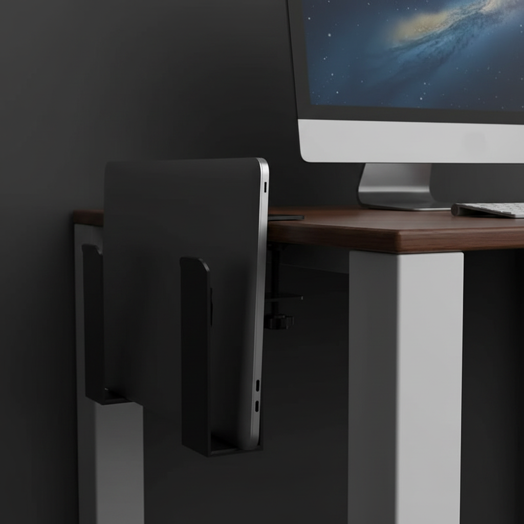 Clamp-On Desk Side Storage - Correct In-Use Dark Office